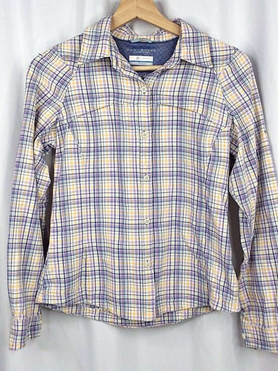 Columbia Tops - Columbia Omni-Shade Plaid Top Women's Size XS Purple Vented Roll Tab Sleeve